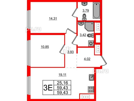 Квартира в ЖК Glorax Василеостровский, 2 комнатная, 59.43 м², 17 этаж