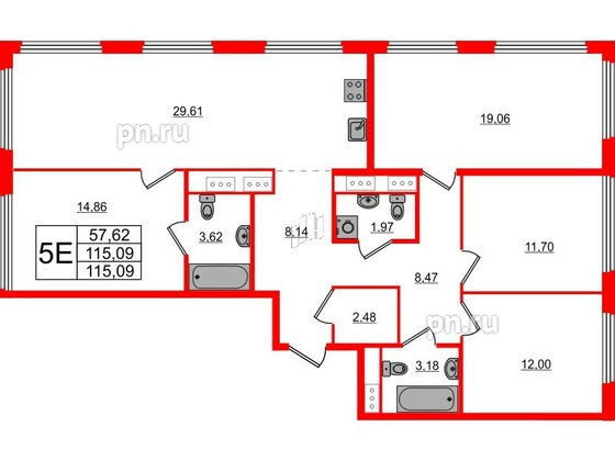 Квартира в ЖК Glorax Василеостровский, 4 комнатная, 115.09 м², 15 этаж