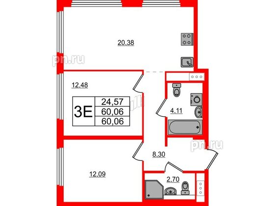 Квартира в ЖК Glorax Василеостровский, 2 комнатная, 60.06 м², 2 этаж