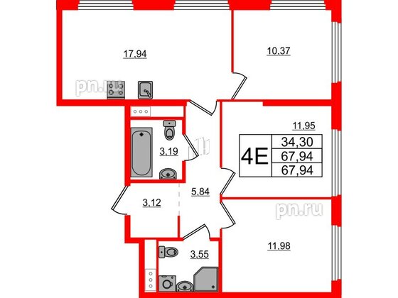 Квартира в ЖК Glorax Василеостровский, 3 комнатная, 67.94 м², 12 этаж