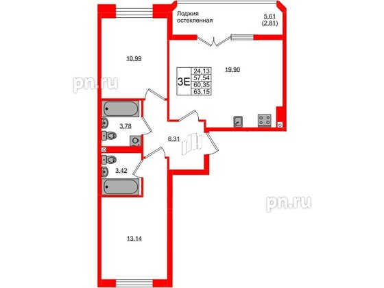 Квартира в ЖК «Консул», 2 комнатная, 60.35 м², 2 этаж