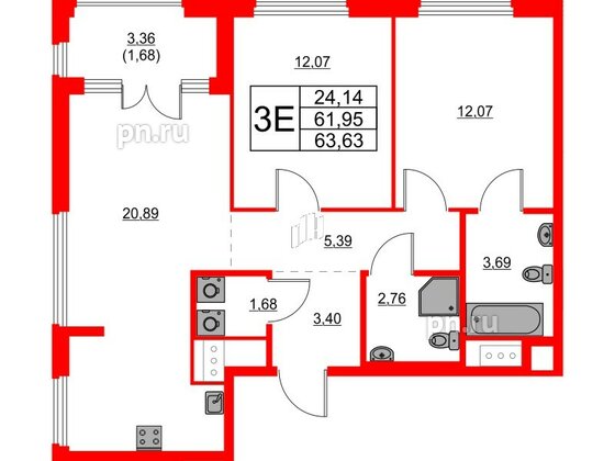 Квартира в ЖК Glorax Василеостровский, 2 комнатная, 63.63 м², 2 этаж