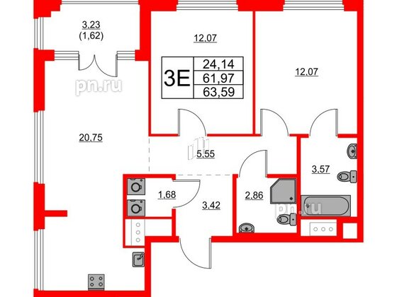 Квартира в ЖК Glorax Василеостровский, 2 комнатная, 63.59 м², 3 этаж