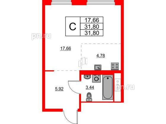 Квартира в ЖК Glorax Василеостровский, студия, 31.8 м², 3 этаж