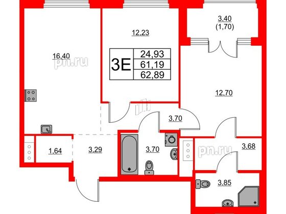 Квартира в ЖК Glorax Василеостровский, 2 комнатная, 62.89 м², 5 этаж