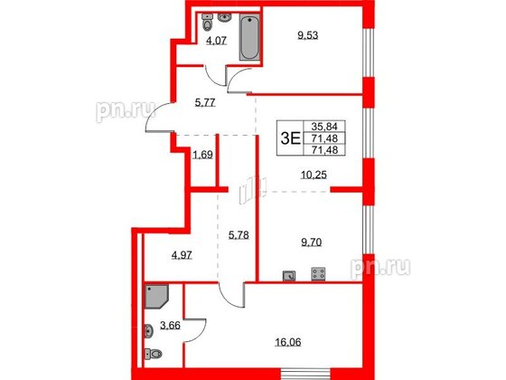 Квартира в ЖК Квартал Лаголово, 2 комнатная, 71.48 м², 1 этаж