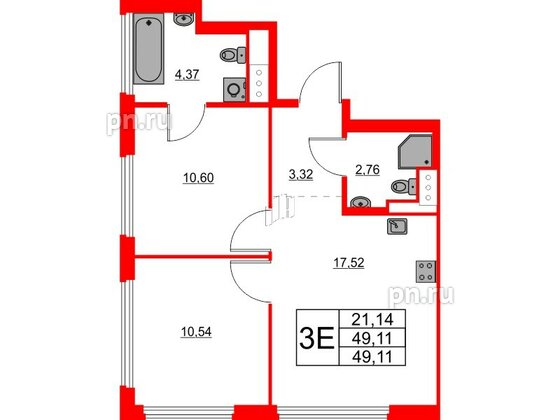 Квартира в ЖК Glorax Василеостровский, 2 комнатная, 49.11 м², 7 этаж