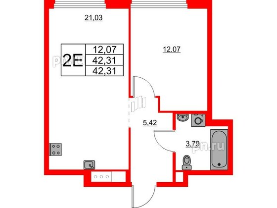 Квартира в ЖК Glorax Василеостровский, 1 комнатная, 42.31 м², 5 этаж