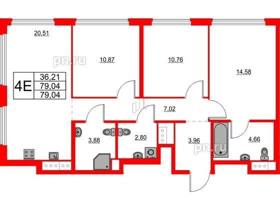 Квартира в ЖК Glorax Василеостровский, 3 комнатная, 79.04 м², 13 этаж