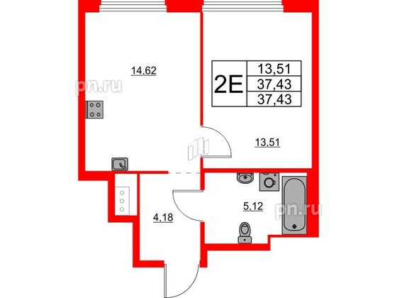 Квартира в ЖК Glorax Василеостровский, 1 комнатная, 37.43 м², 5 этаж