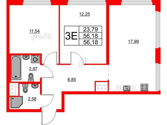 Квартира в ЖК Glorax Василеостровский, 2 комнатная, 56.18 м², 17 этаж