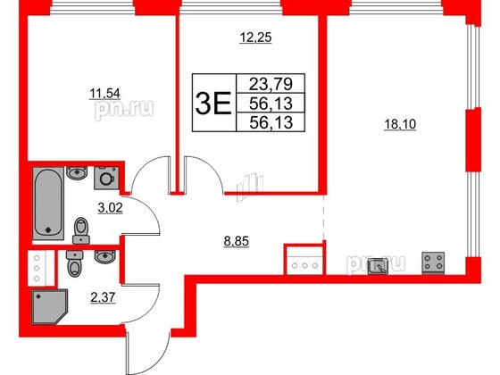 Квартира в ЖК Glorax Василеостровский, 2 комнатная, 56.13 м², 3 этаж