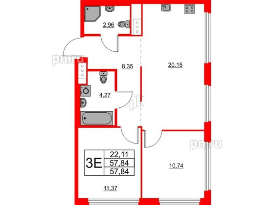 Квартира в ЖК Glorax Василеостровский, 2 комнатная, 57.84 м², 11 этаж