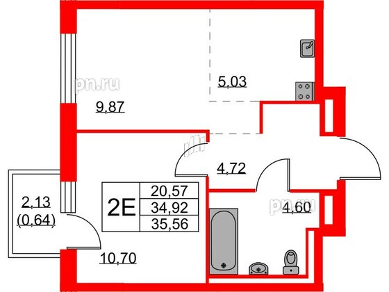Квартира в ЖК Квартал Лаголово, 1 комнатная, 35.56 м², 7 этаж