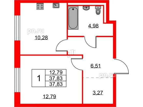 Квартира в ЖК Квартал Лаголово, 1 комнатная, 37.83 м², 2 этаж