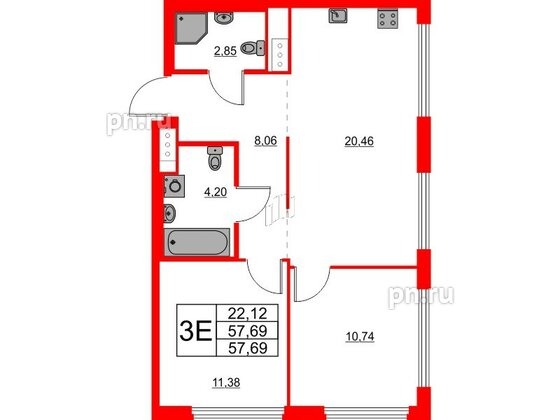 Квартира в ЖК Glorax Василеостровский, 2 комнатная, 57.69 м², 4 этаж