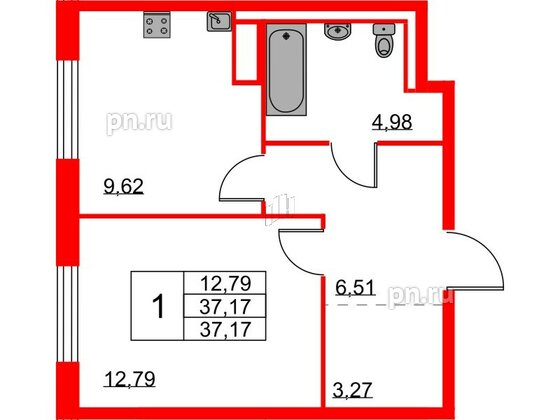 Квартира в ЖК «Квартал Лаголово», 1 комнатная, 37.17 м², 3 этаж