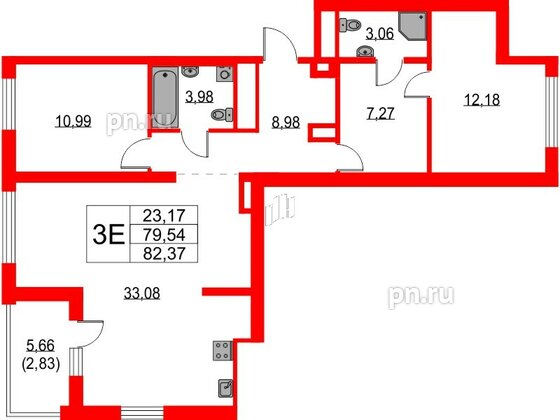 Квартира в ЖК Glorax Балтийская, 2 комнатная, 82.37 м², 2 этаж