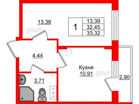 Квартира в ЖК Верево Сити, 1 комнатная, 33.32 м², 3 этаж