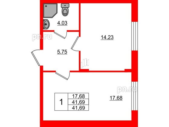 Квартира в ЖК Верево Сити, 1 комнатная, 41.69 м², 1 этаж