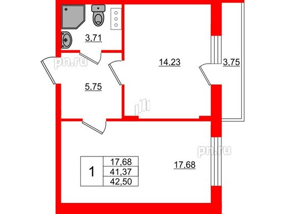 Квартира в ЖК Верево Сити, 1 комнатная, 42.5 м², 4 этаж