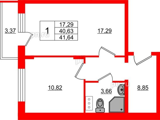 Квартира в ЖК Верево Сити, 1 комнатная, 41.64 м², 3 этаж