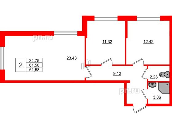 Квартира в ЖК Верево Сити, 2 комнатная, 61.58 м², 1 этаж