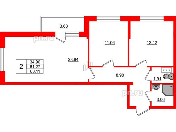 Квартира в ЖК Верево Сити, 2 комнатная, 63.11 м², 2 этаж