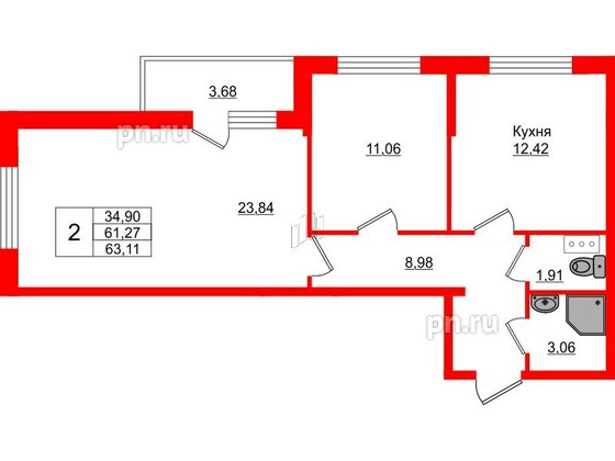 Квартира в ЖК Верево Сити, 2 комнатная, 63.11 м², 3 этаж