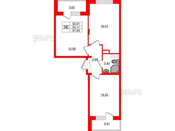 Квартира в ЖК Верево Сити, 2 комнатная, 57.64 м², 4 этаж