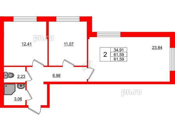 Квартира в ЖК Верево Сити, 2 комнатная, 61.59 м², 1 этаж