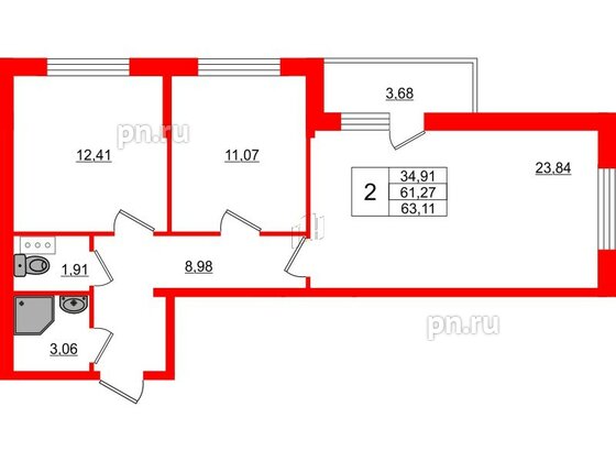 Квартира в ЖК Верево Сити, 2 комнатная, 63.11 м², 2 этаж