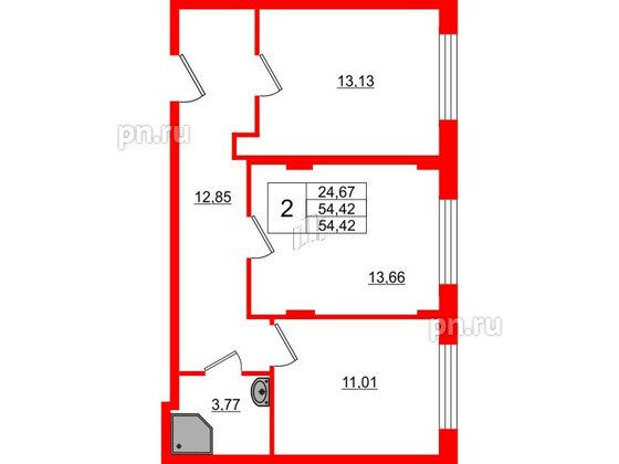 Квартира в ЖК Верево Сити, 2 комнатная, 54.42 м², 1 этаж