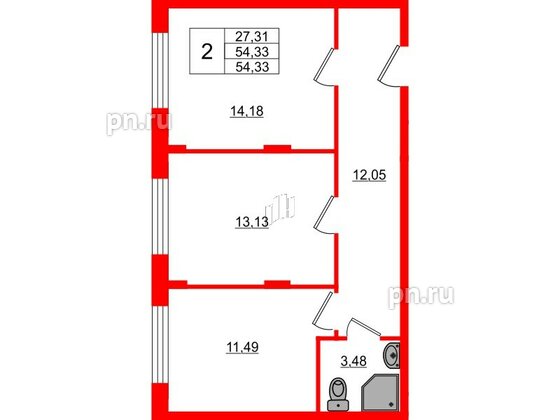 Квартира в ЖК Верево Сити, 2 комнатная, 54.33 м², 1 этаж