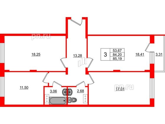 Квартира в ЖК Верево Сити, 3 комнатная, 83.8 м², 2 этаж