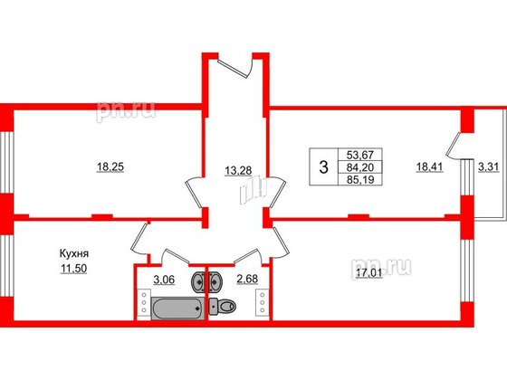 Квартира в ЖК Верево Сити, 3 комнатная, 83.8 м², 3 этаж