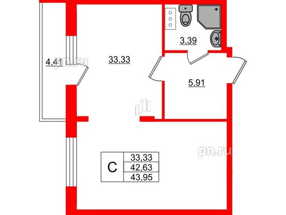 Квартира в ЖК Верево Сити, студия, 43.95 м², 2 этаж