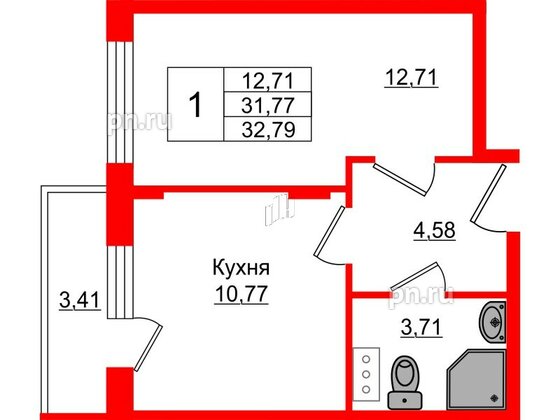 Квартира в ЖК Верево Сити, 1 комнатная, 32.79 м², 3 этаж