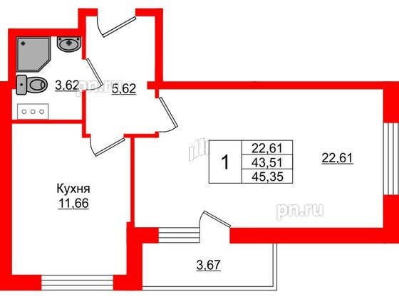 Квартира в ЖК Верево Сити, 1 комнатная, 45.35 м², 2 этаж