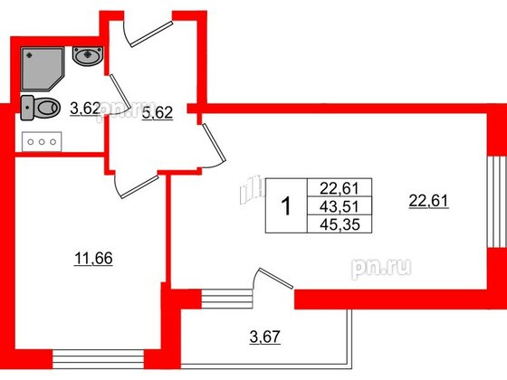 Квартира в ЖК Верево Сити, 1 комнатная, 45.35 м², 3 этаж