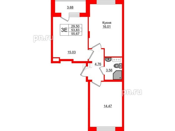 Квартира в ЖК Верево Сити, 2 комнатная, 55.67 м², 4 этаж