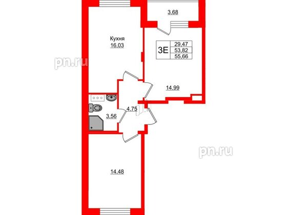 Квартира в ЖК Верево Сити, 2 комнатная, 55.66 м², 4 этаж