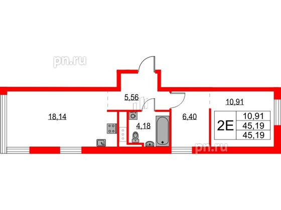 Квартира в ЖК Glorax Балтийская, 1 комнатная, 45.19 м², 3 этаж