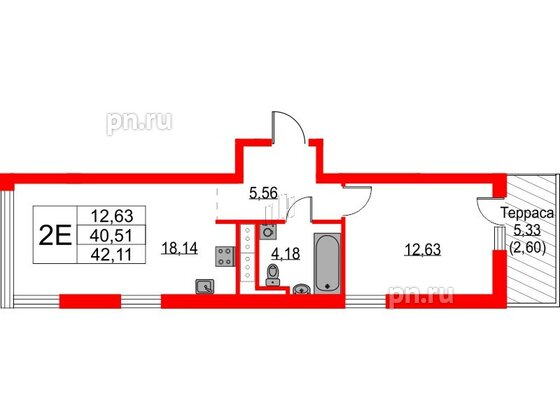 Квартира в ЖК Glorax Балтийская, 1 комнатная, 42.11 м², 8 этаж