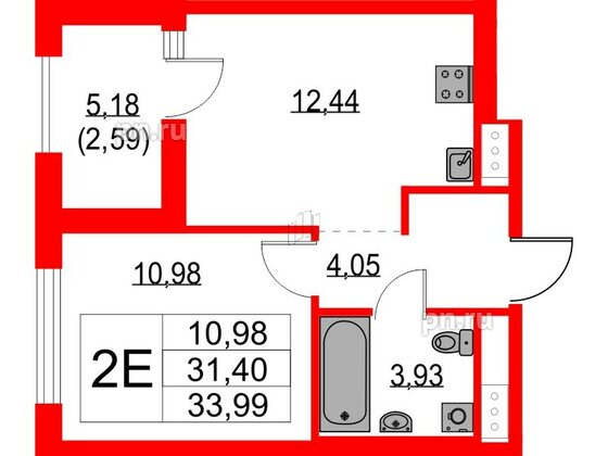 Квартира в ЖК Glorax Балтийская, 1 комнатная, 33.99 м², 8 этаж