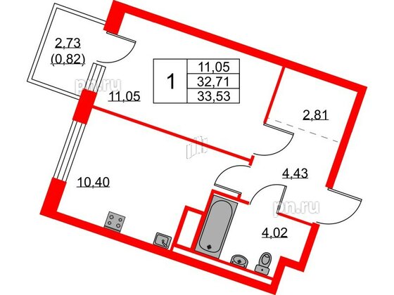Квартира в ЖК Квартал Лаголово, 1 комнатная, 33.53 м², 3 этаж