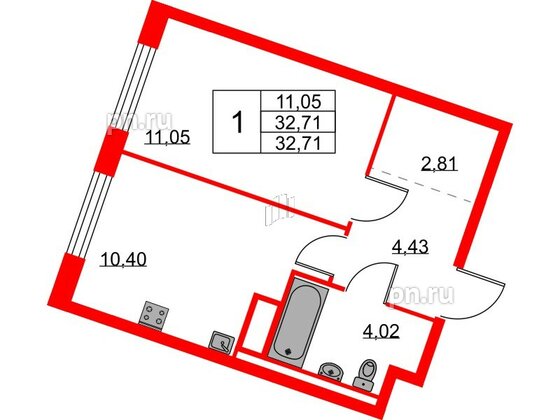 Квартира в ЖК Квартал Лаголово, 1 комнатная, 32.71 м², 6 этаж