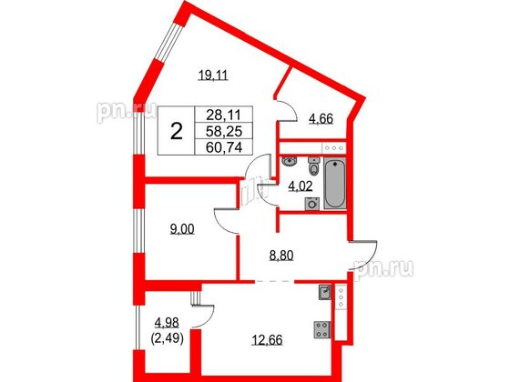 Квартира в ЖК Glorax Балтийская, 2 комнатная, 60.74 м², 8 этаж