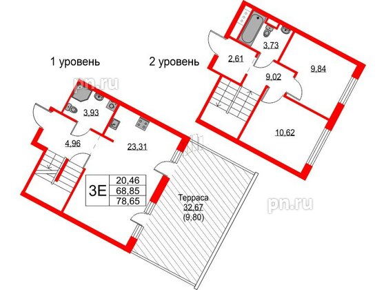 Квартира в ЖК Glorax Балтийская, 2 комнатная, 78.65 м², 2 этаж