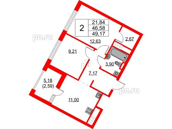 Квартира в ЖК Glorax Балтийская, 2 комнатная, 49.17 м², 8 этаж